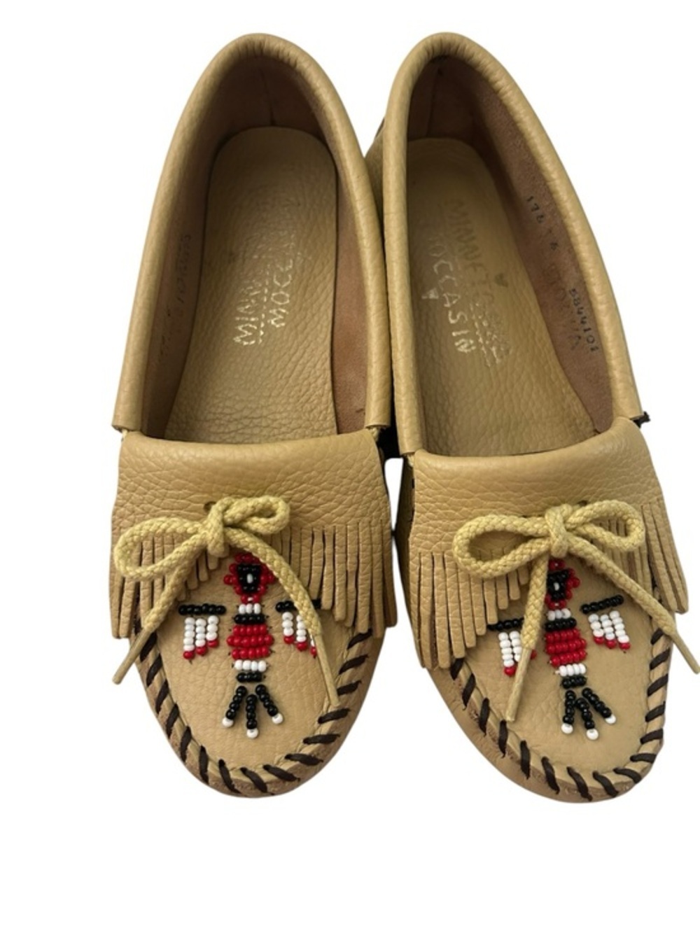 Minnetonka Tan Beaded Leather Fringe Moccasins - Picture 2 of 5
